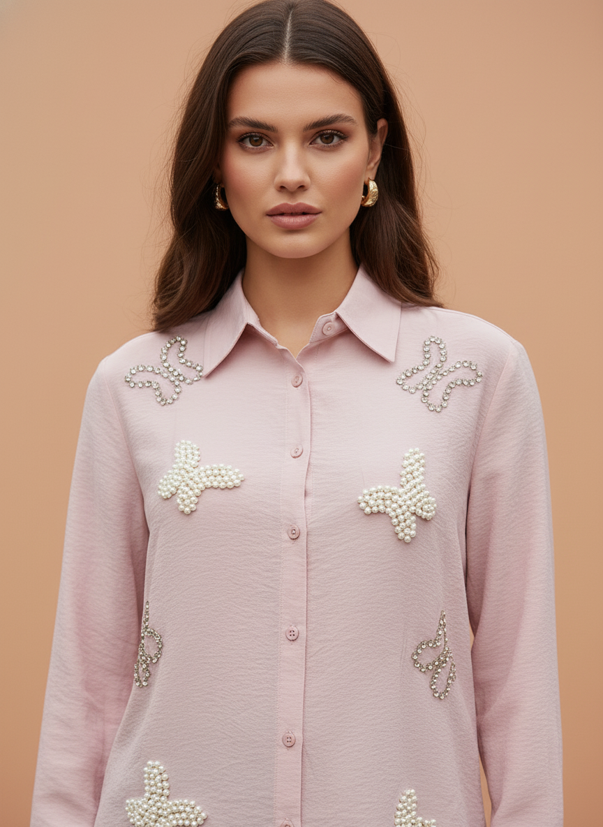Blush Pink Pearl Embellished Designer Shirt