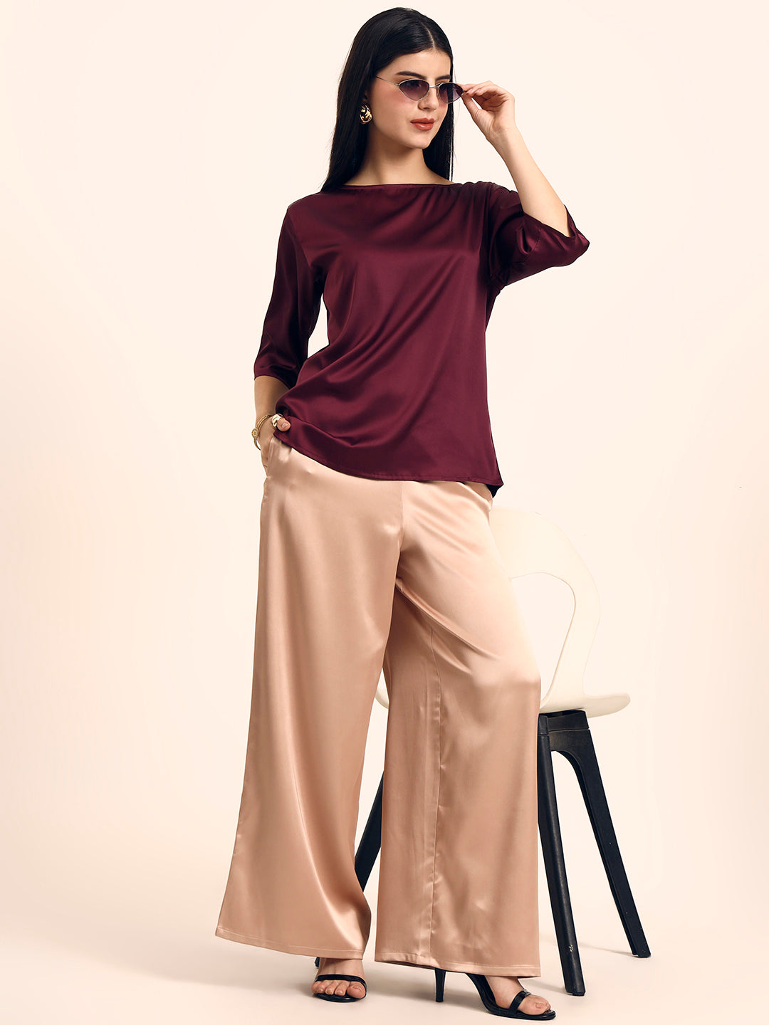 Luxury Satin Wide Leg Pants European Fabric  Rose Sand Glam Look