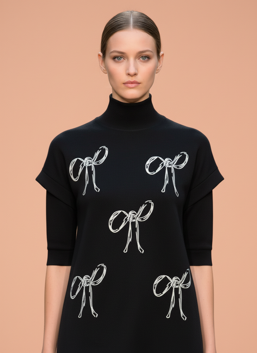 Luxury Black Bow Embellished A-Line Mini Dress