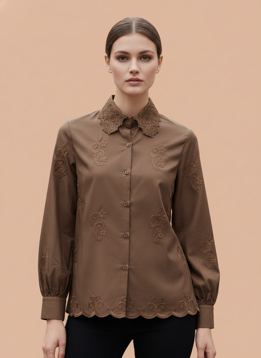 Elegant Brown Embroidered Women’s Shirt