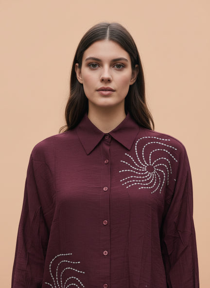 Maroon Spiral Pearl Beaded Linen Shirt