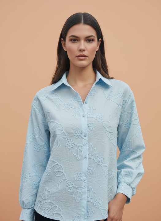 Light Blue Embroidered Women Shirt