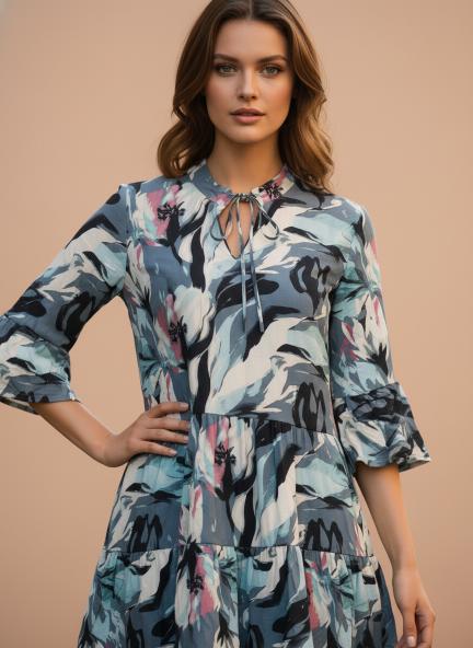 Rayon Printed Fit & Flare V Neck String Midi Dress