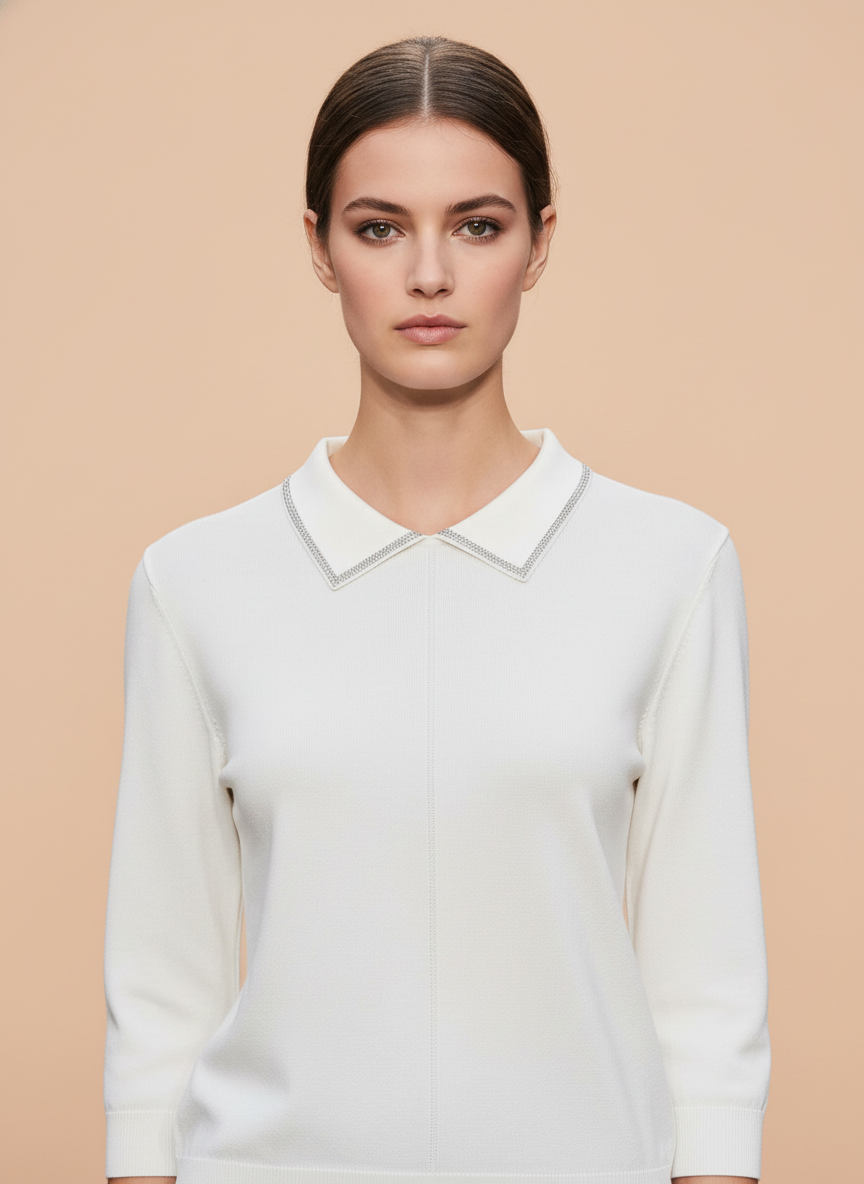 White Knit Top with Embellished Peter Pan Collar