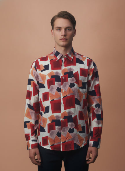 Men'S Premium Rayon Shirt With Red And Blue Print