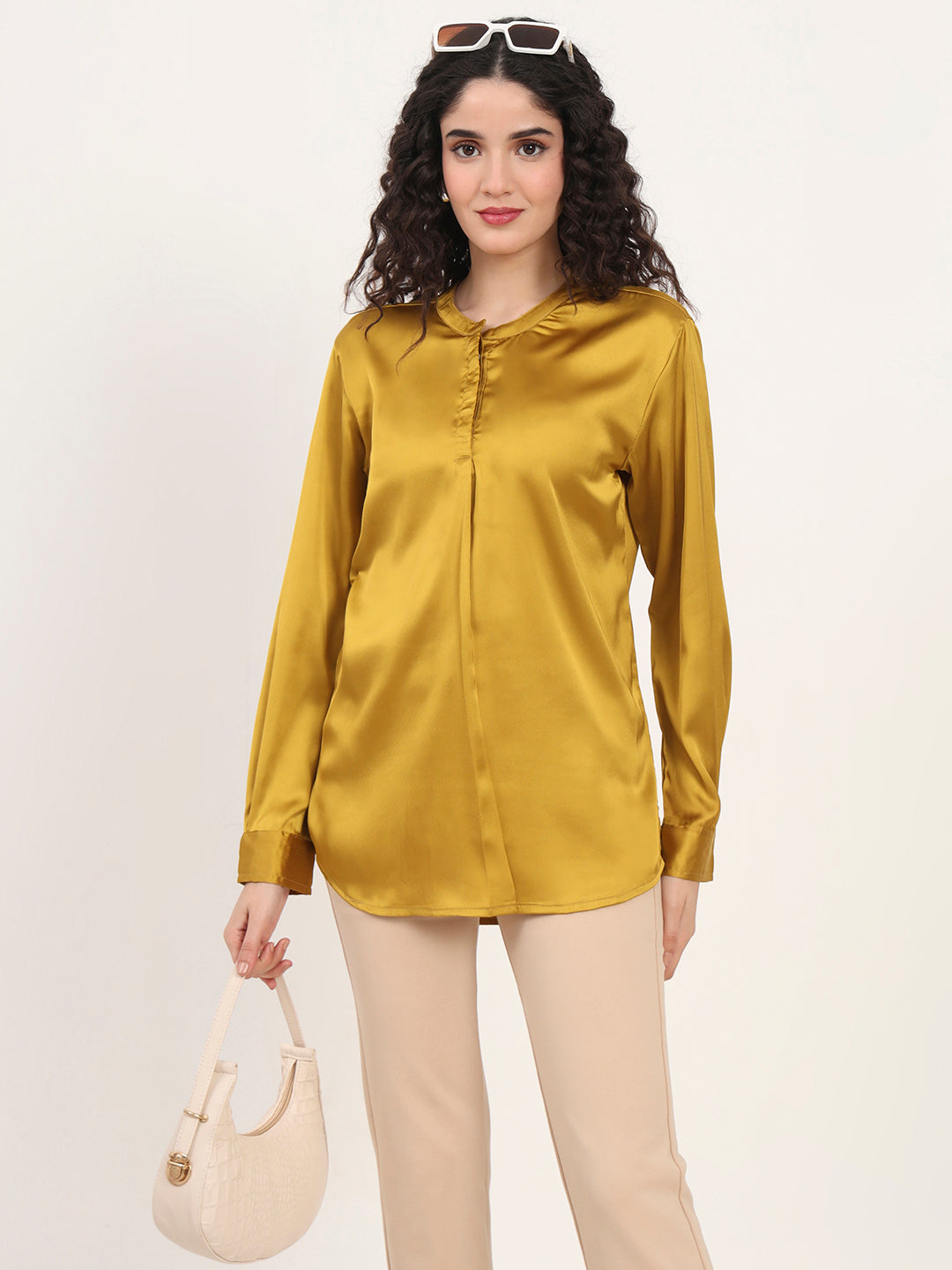 Summer Satin Mettalic Gold Front Pleated Tunic