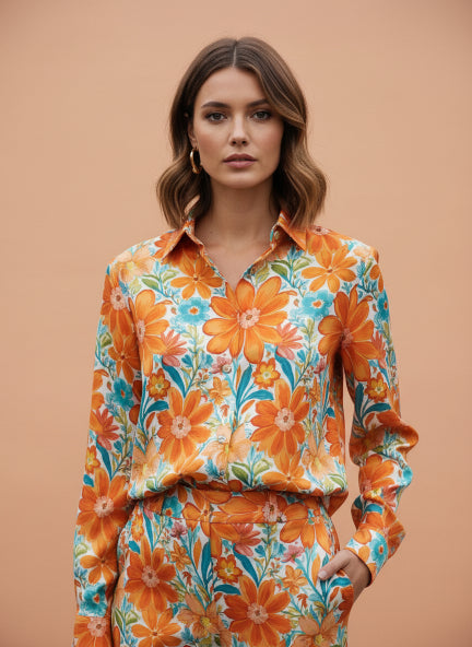 Premium Roman Satin Floral Coord Set