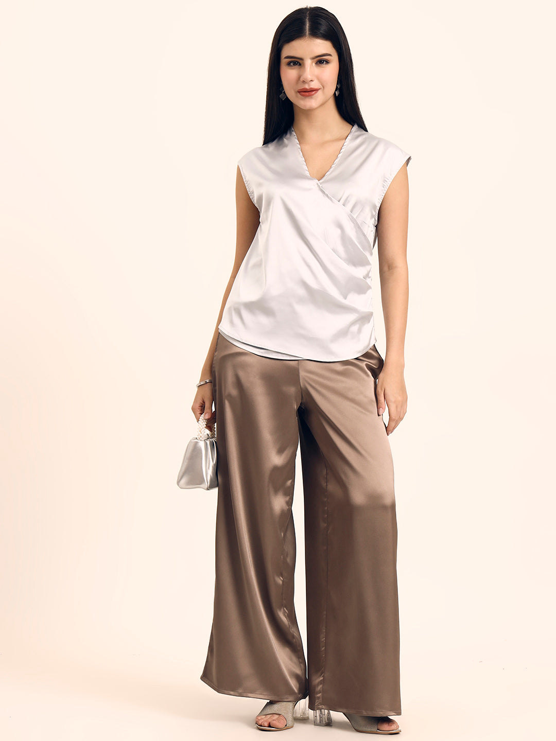 Women's Luxury European Satin V Neck Pleated Sleeveless Top
