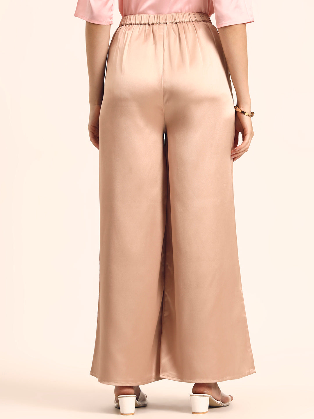 Luxury Satin Wide Leg Pants European Fabric  Peachy Pink Glam Look