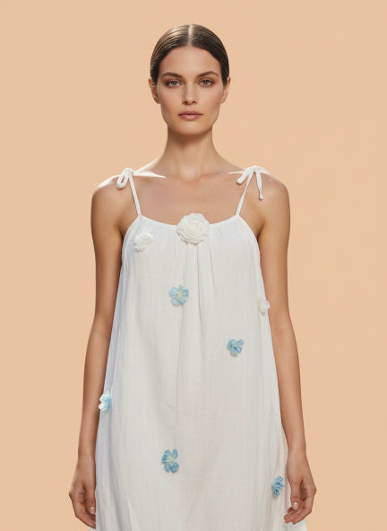 Elegant Floral Detail White A-Line Midi Dress