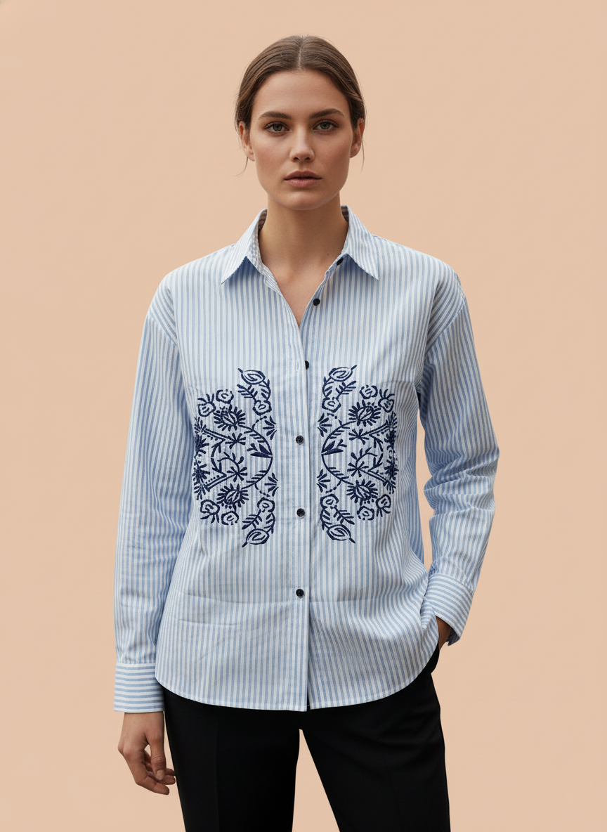 Chic Blue Striped Embroidered Shirt for Women