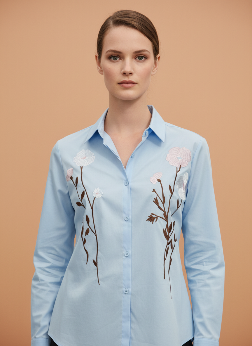 Elegant Light Blue Floral Embroidered Shirt for Women
