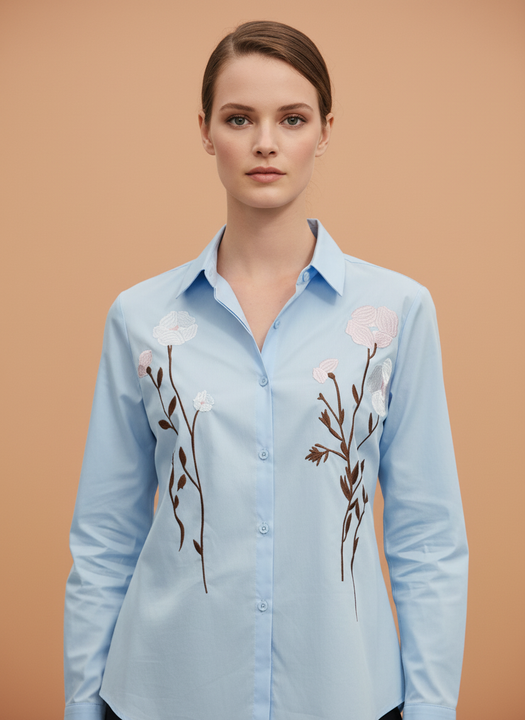 Elegant Light Blue Floral Embroidered Shirt for Women