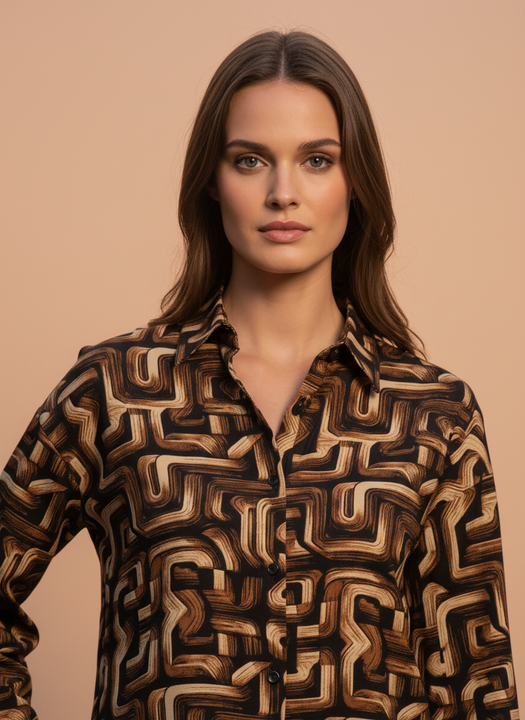 Brown Abstract Geometric Print Full Sleeve Shirt for Women
