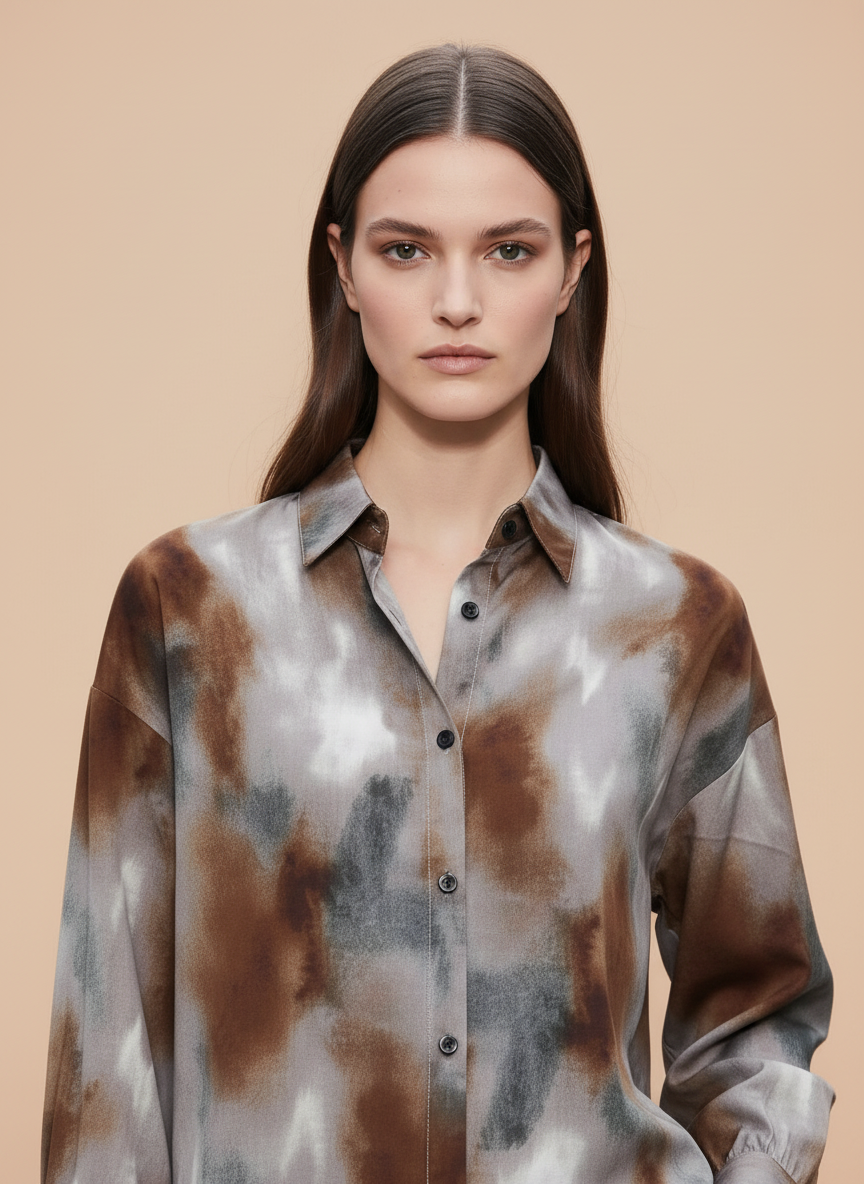 Women's Brown & Grey Abstract Tie-Dye Oversized Shirt