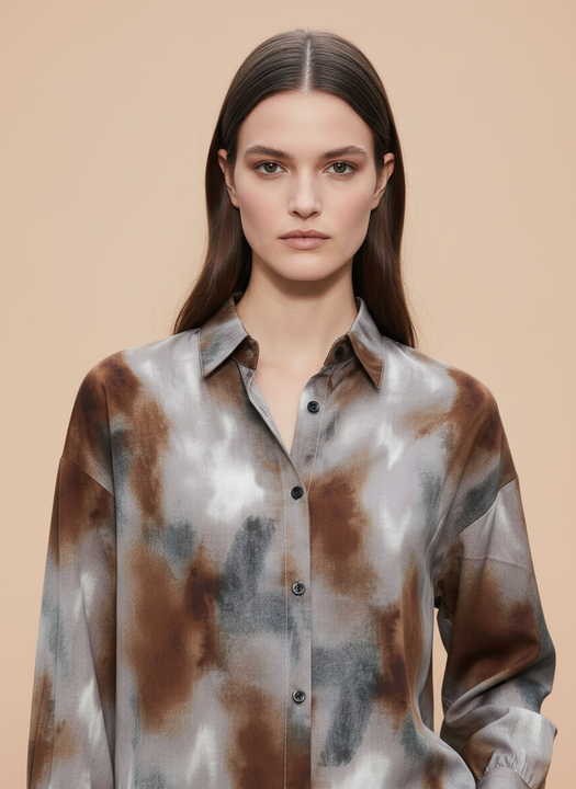 Women's Brown & Grey Abstract Tie-Dye Oversized Shirt