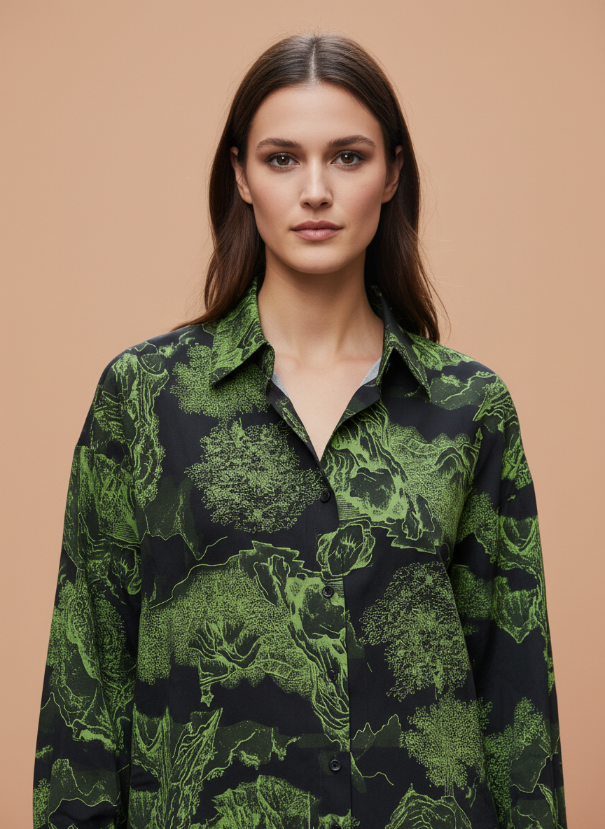 Women's Black & Green Abstract Floral Printed Oversized Shirt