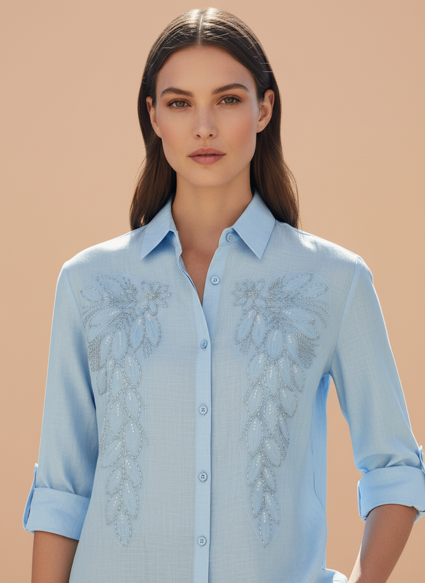 Elegant Sky Blue Embroidered Womens Shirt