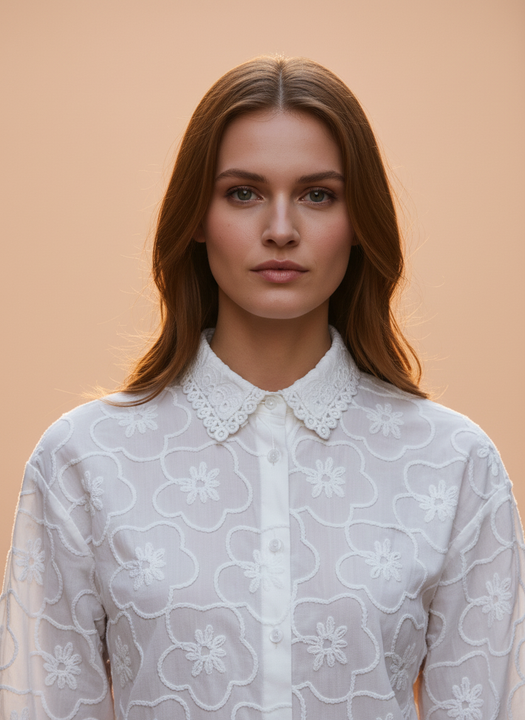 White Floral Embroidered Women Shirt