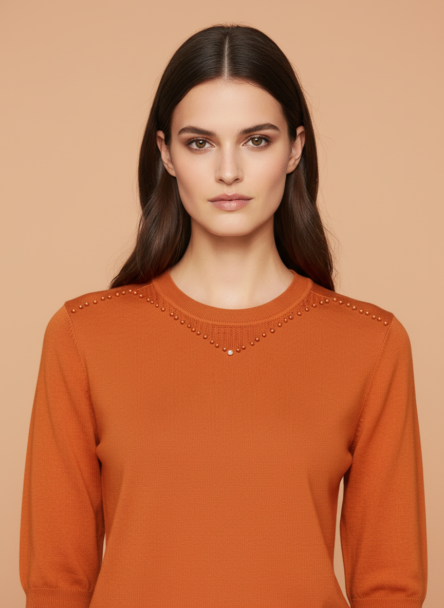 Burnt Orange Beaded Neck Knit Top