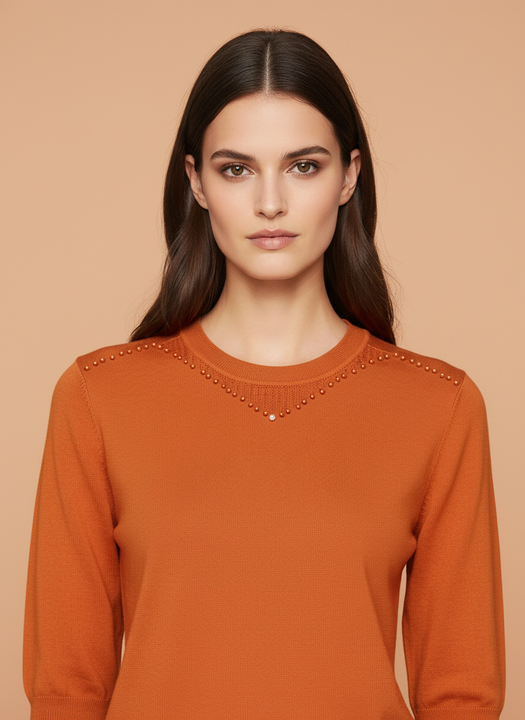 Burnt Orange Beaded Neck Knit Top