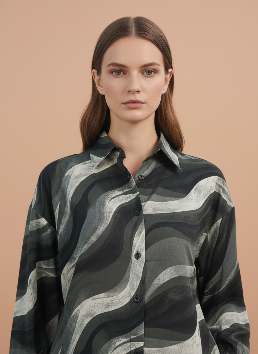 Women's Grey & Black Abstract Wavy Printed Oversized Shirt