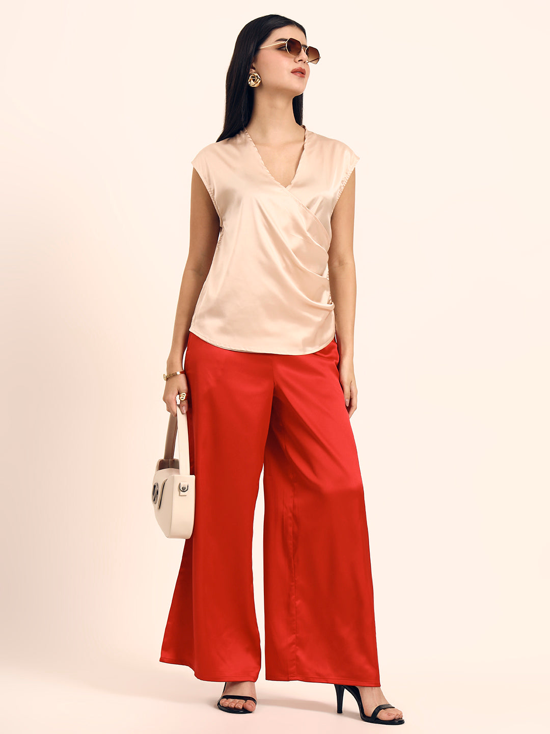 Women's Luxury European Satin V Neck Pleated Sleeveless Top