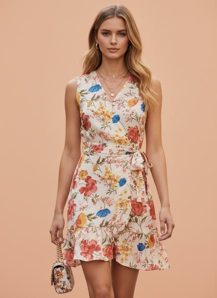 Cambric Digital Print  V Neck Flare Dress With Slash Pocket