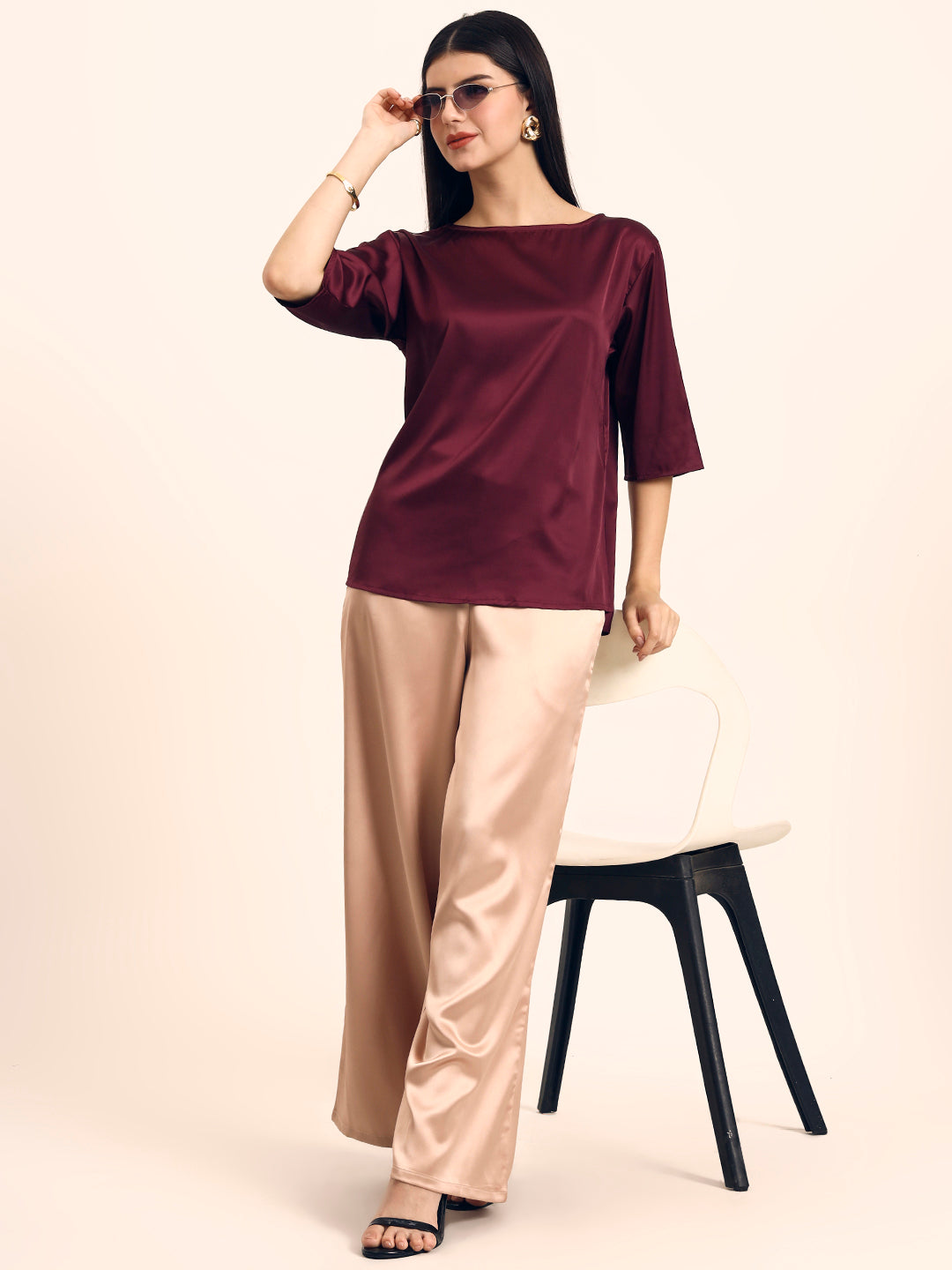 Women's Luxury Elegant Deep Plum European Satin Top