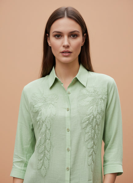 Mint Green Beaded Floral Linen Shirt