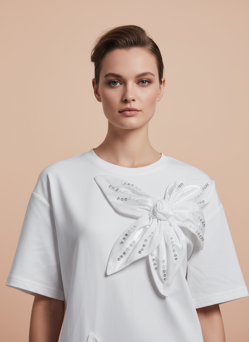 Elegant White Floral Applique Oversized T-Shirt for Women