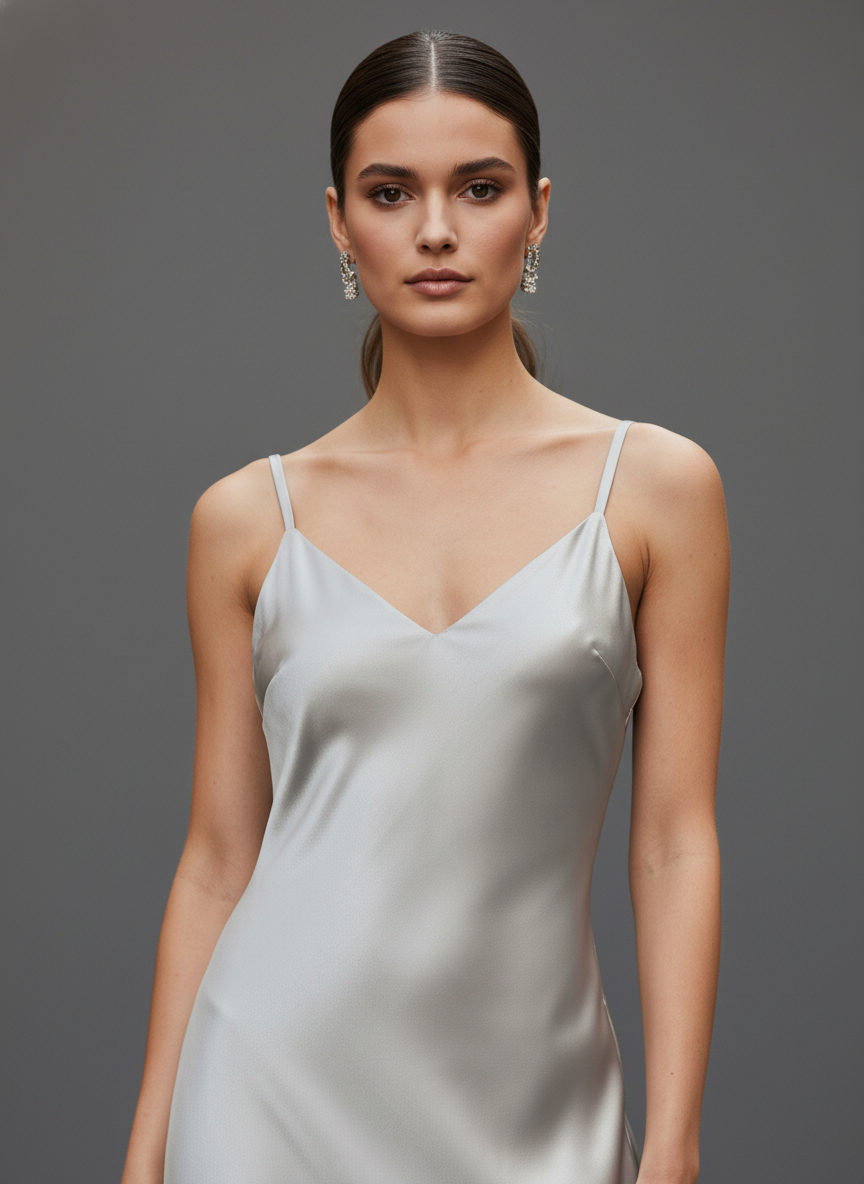 Women's Luxury Satin Silver Grey V-Neck Midi Dress