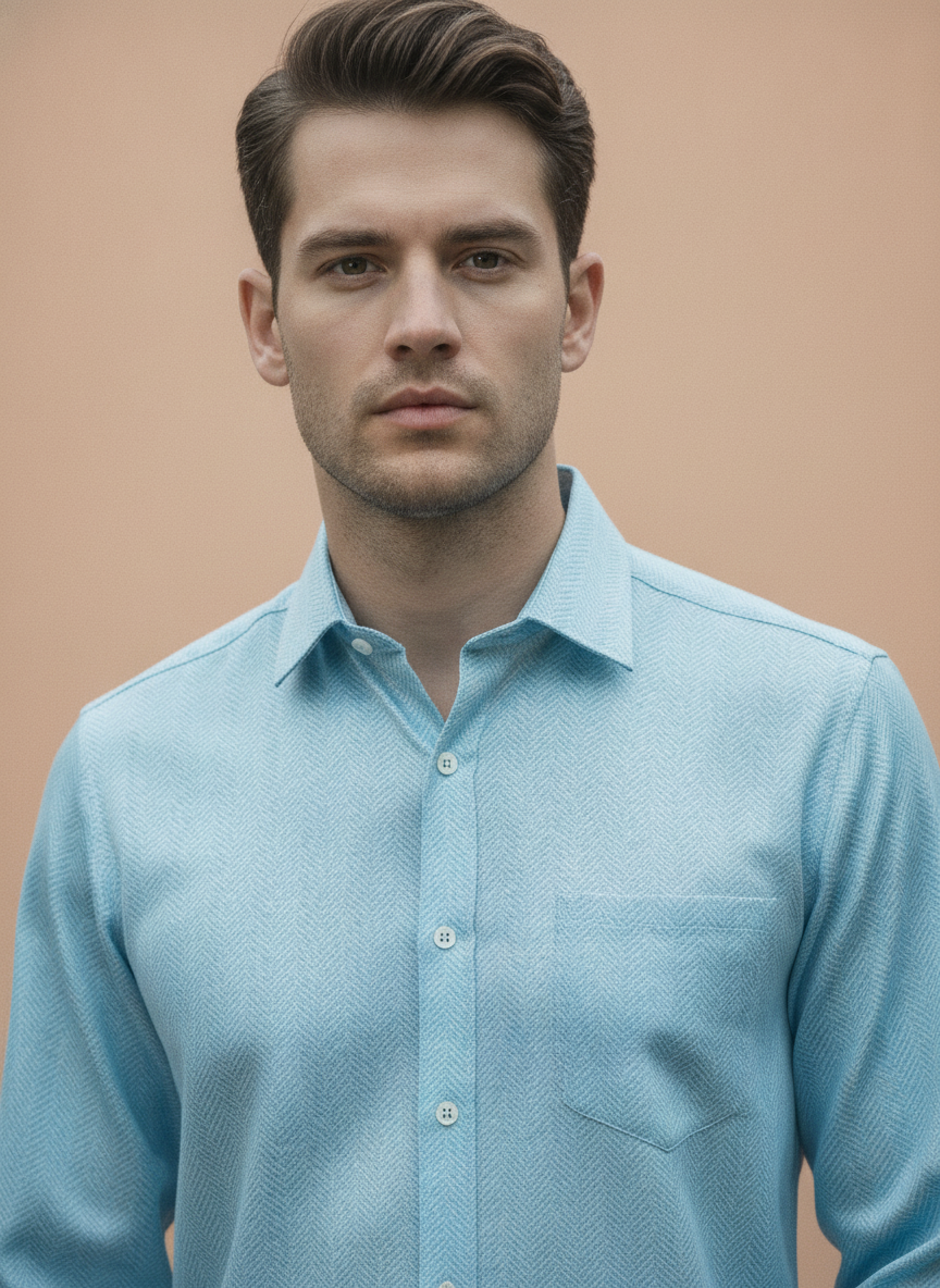 Men'S Poly Satin Lycra Sky Blue Digital Printed Shirt