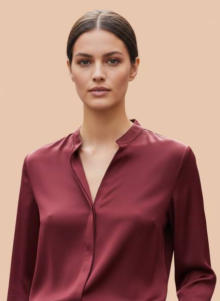 Summer Satin Maroon Mandarin Collar Shirt