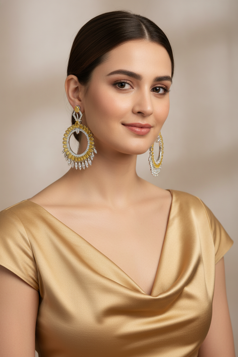 Luxury Yellow & Silver Cubic Zirconia Statement Hoop Earrings for Women