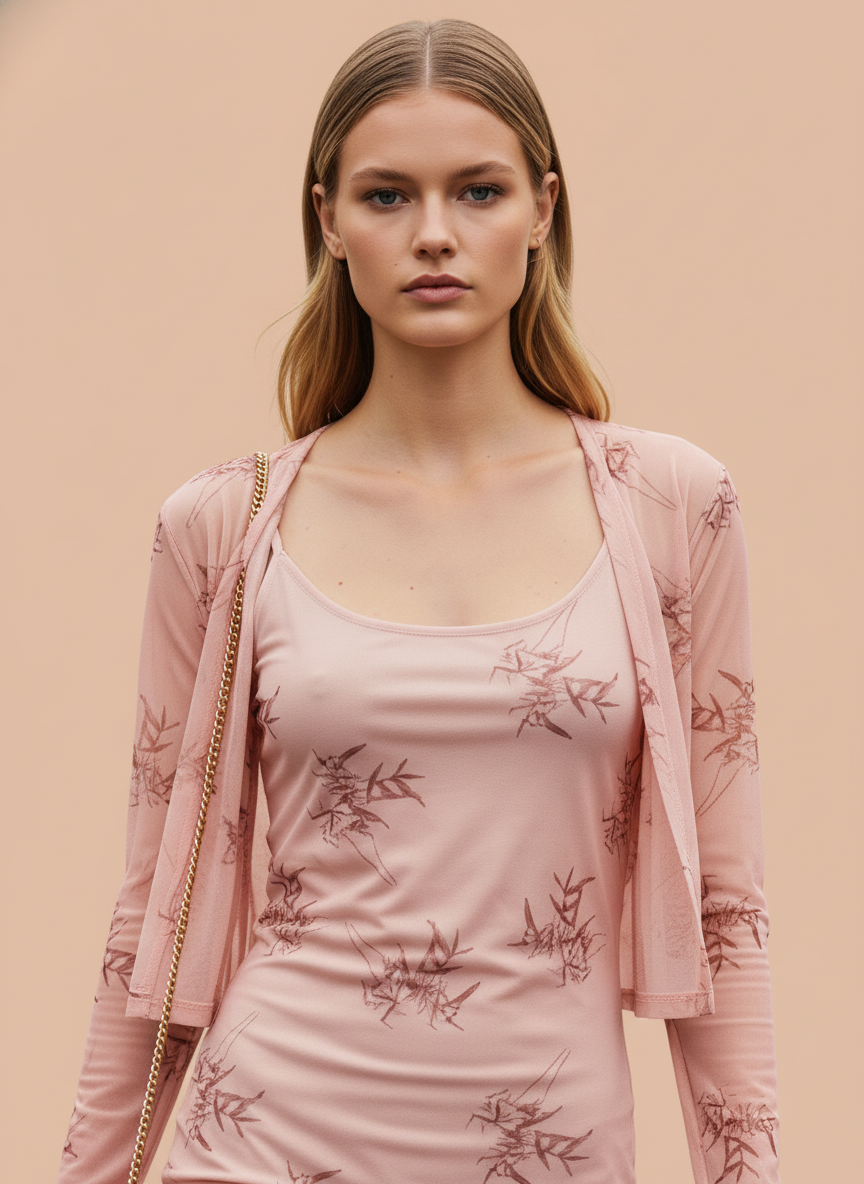 Elegant Pink Printed Midi Dress for Women with Shrug