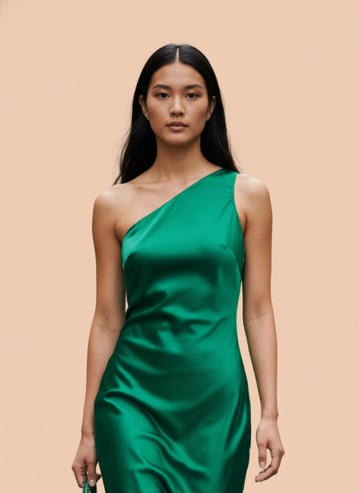 Women’s Luxury European Satin Emerald Green Midi Dress