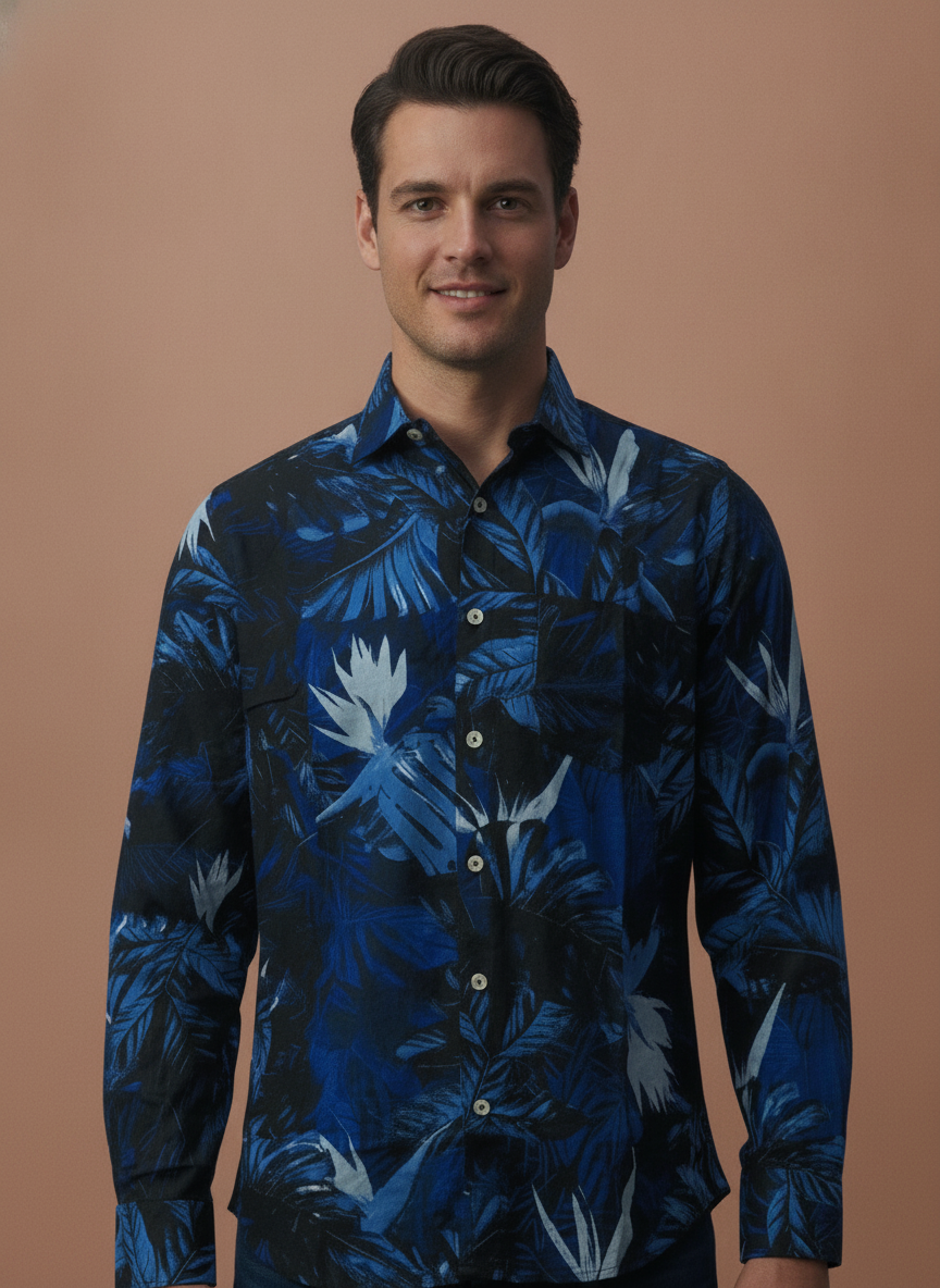 Men'S Premium Rayon Shirt With Tropical Blue Print