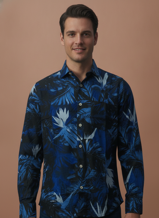 Men'S Premium Rayon Shirt With Tropical Blue Print