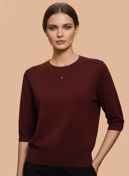 Elegant Burgundy Half Sleeve Knit Top with Embellished Neckline
