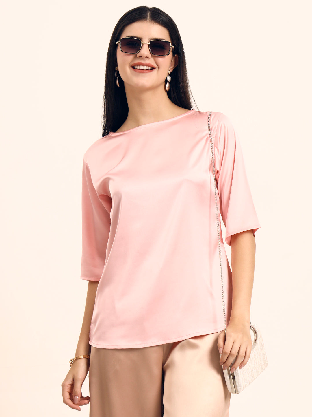 Women's Luxury Elegant Blush Pink European Satin Top