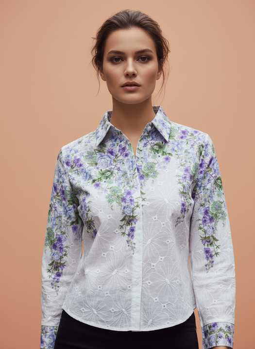 White Purple Floral Embroidered Shirt for Women