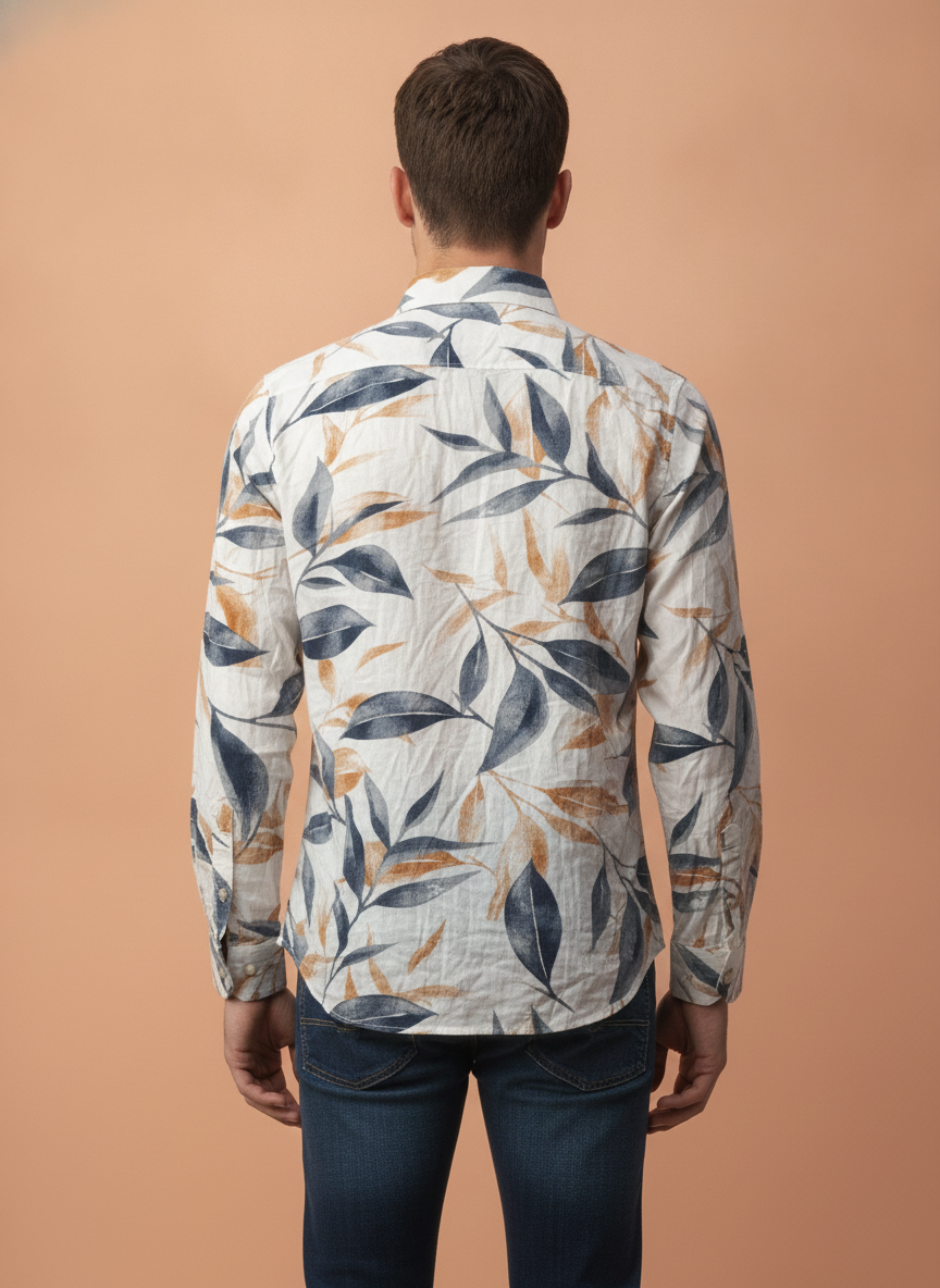 Men'S Premium Rayon Shirt With Blue And Orange Leaf Print
