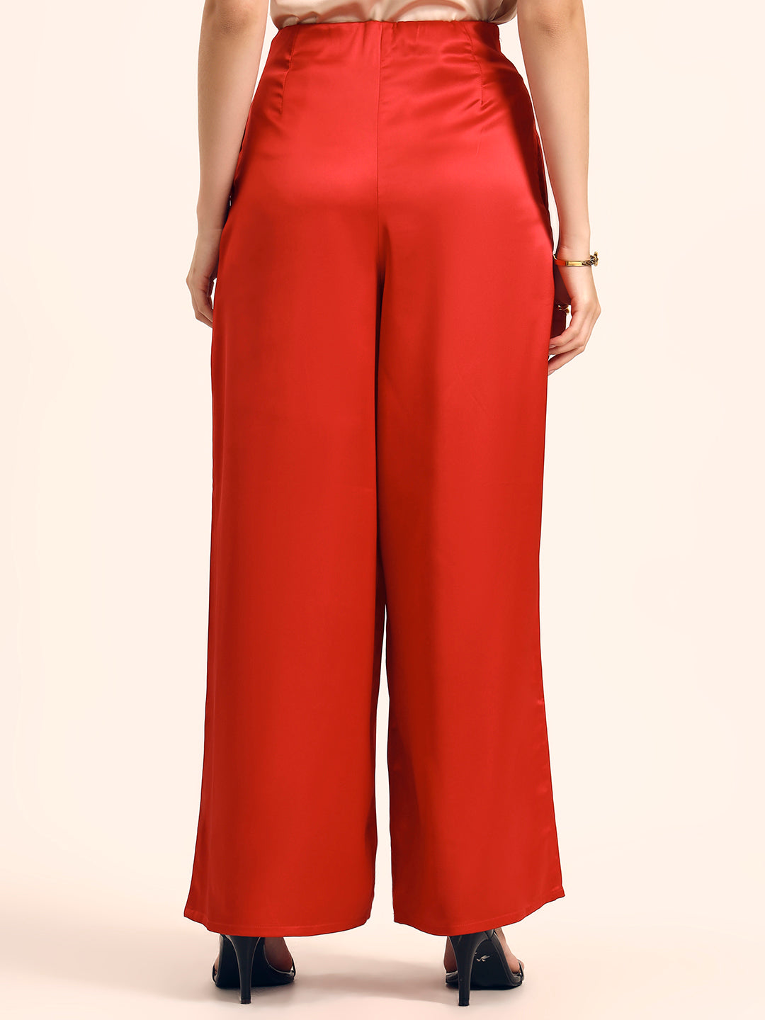 Luxury Satin Wide Leg Pants European Fabric  Red Glam Look