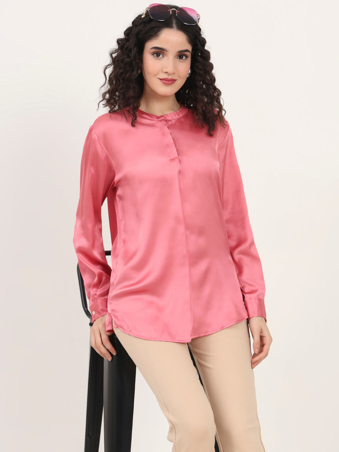 Summer Satin Rose Pink Front Pleated Tunic