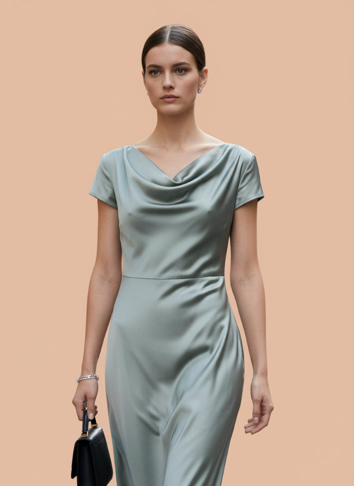 Women’s Luxury European Satin Grey Midi Dress