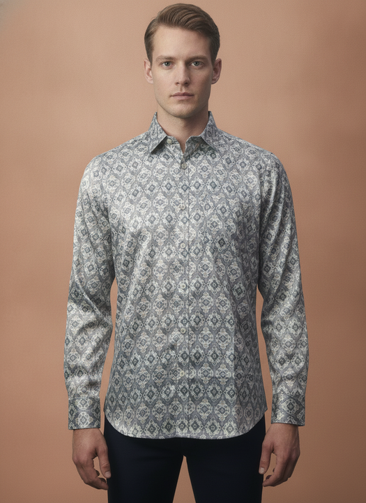Men'S Poly Satin Lycra Grey Digital Printed Shirt