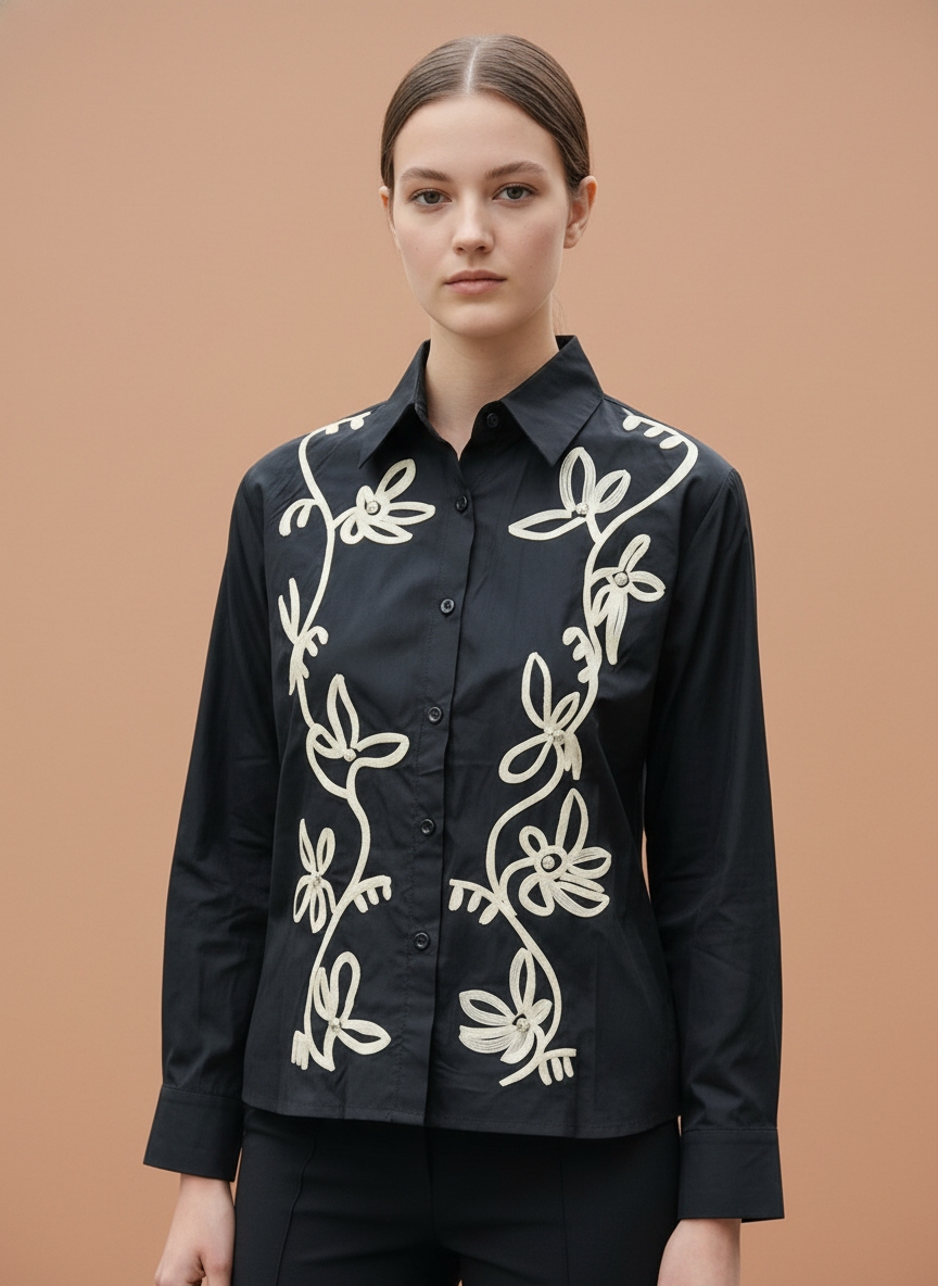 Elegant Black Embroidered Shirt for Women