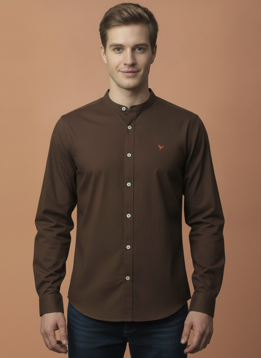 Premium Men'S Brown Crinkle Cotton Shirt - Mandarin Collar, Long Sleeves