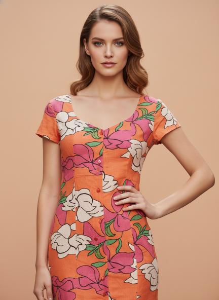 Cambric Digital Print  Front Slit Body Con Dress With Slash Pocket